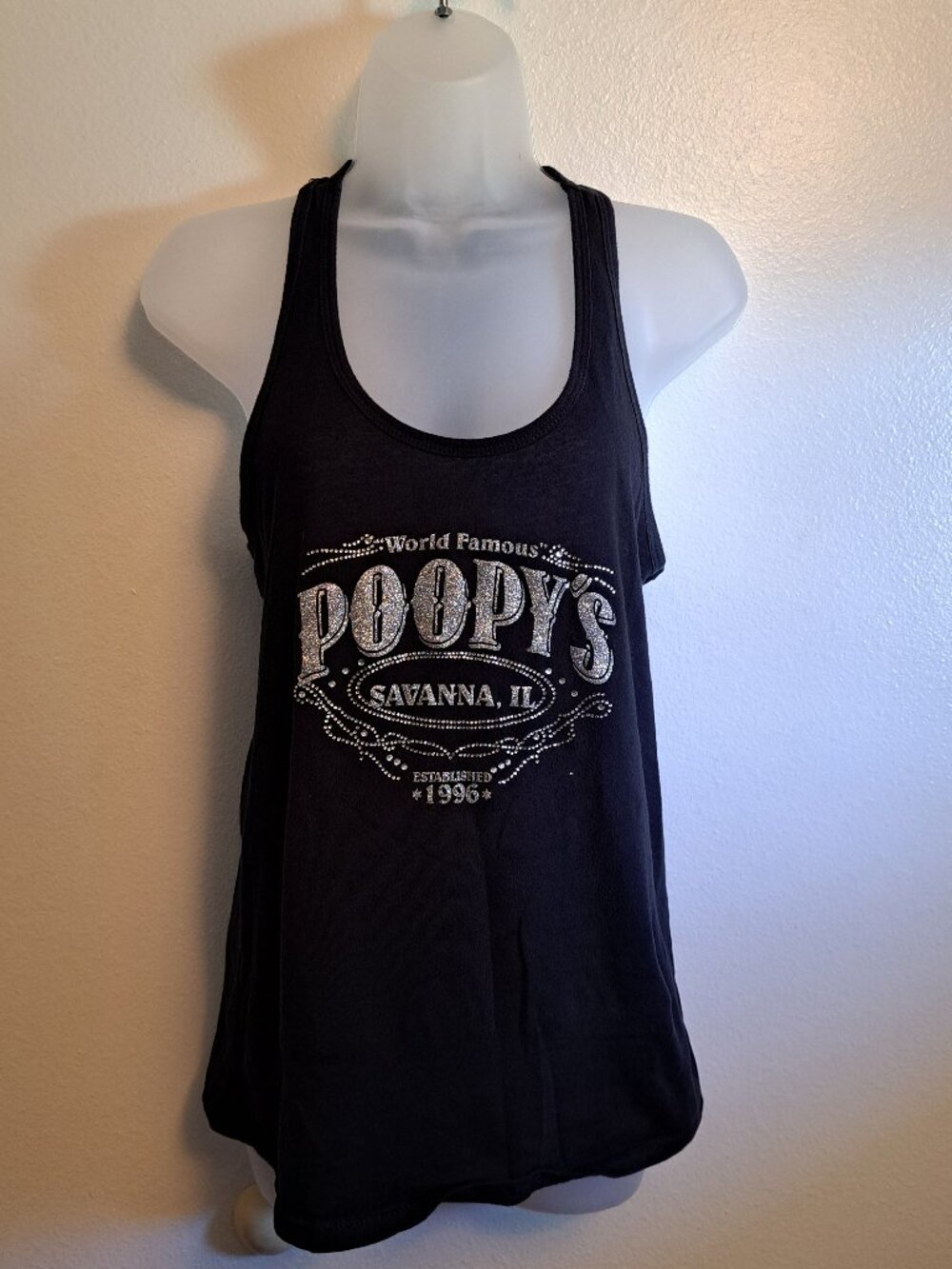 Poopy's Savanna, IL" bar graphic w/rhinestone embellishments racerback tank top